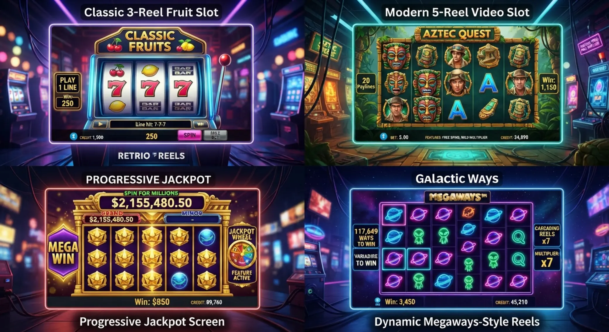 Rodzaje automatów kasynowych online Kolaż różnych typów automatów online: klasyczne, wideo i jackpot